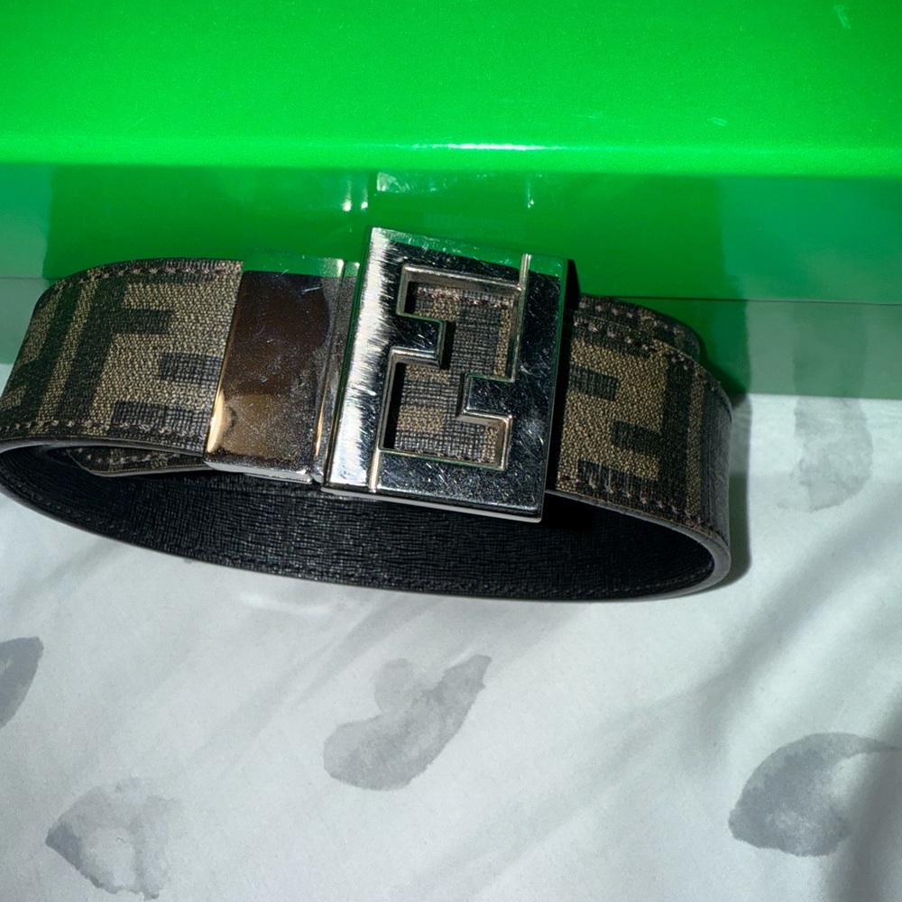 Fendi Zucca Monogram Reversible Belt - Brown/Black with Silver Buckle